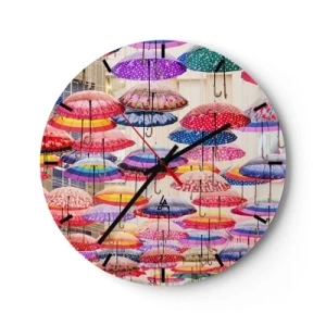 Orologio da parete - Orologio in Vetro - Ombrelli colorati appesi sulla strada - 30x30cm - Prato cittadino - Decorazione murale moderna per soggiorno, cucina e camera da letto ARTTOR