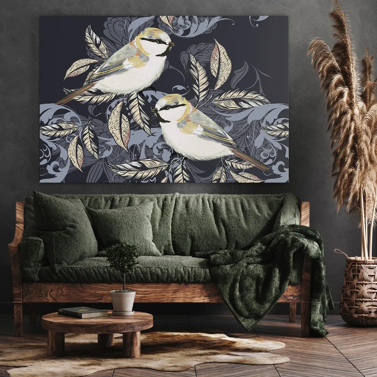 Quadro su tela - Stampe su Tela - Uccelli sui rami in uno sfondo ornamentale - 100x70cm - Cinguettio oro e blu - Decorazione murale moderna per soggiorno e camera da letto ARTTOR