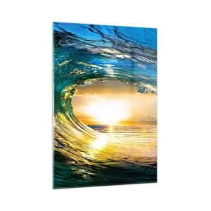 Quadro su vetro - Un'onda dell'oceano catturata alla luce del sole al tramonto - 50x70cm - Nel cristallo oro e smeraldo - Decorazione murale moderna per soggiorno e camera da letto ARTTOR
