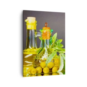 Quadro su tela - Stampe su Tela - Bottiglie di olio d'oliva e rami di ulivo - 50x70cm - Natura morta con olive e olio - Decorazione murale moderna per soggiorno e camera da letto ARTTOR