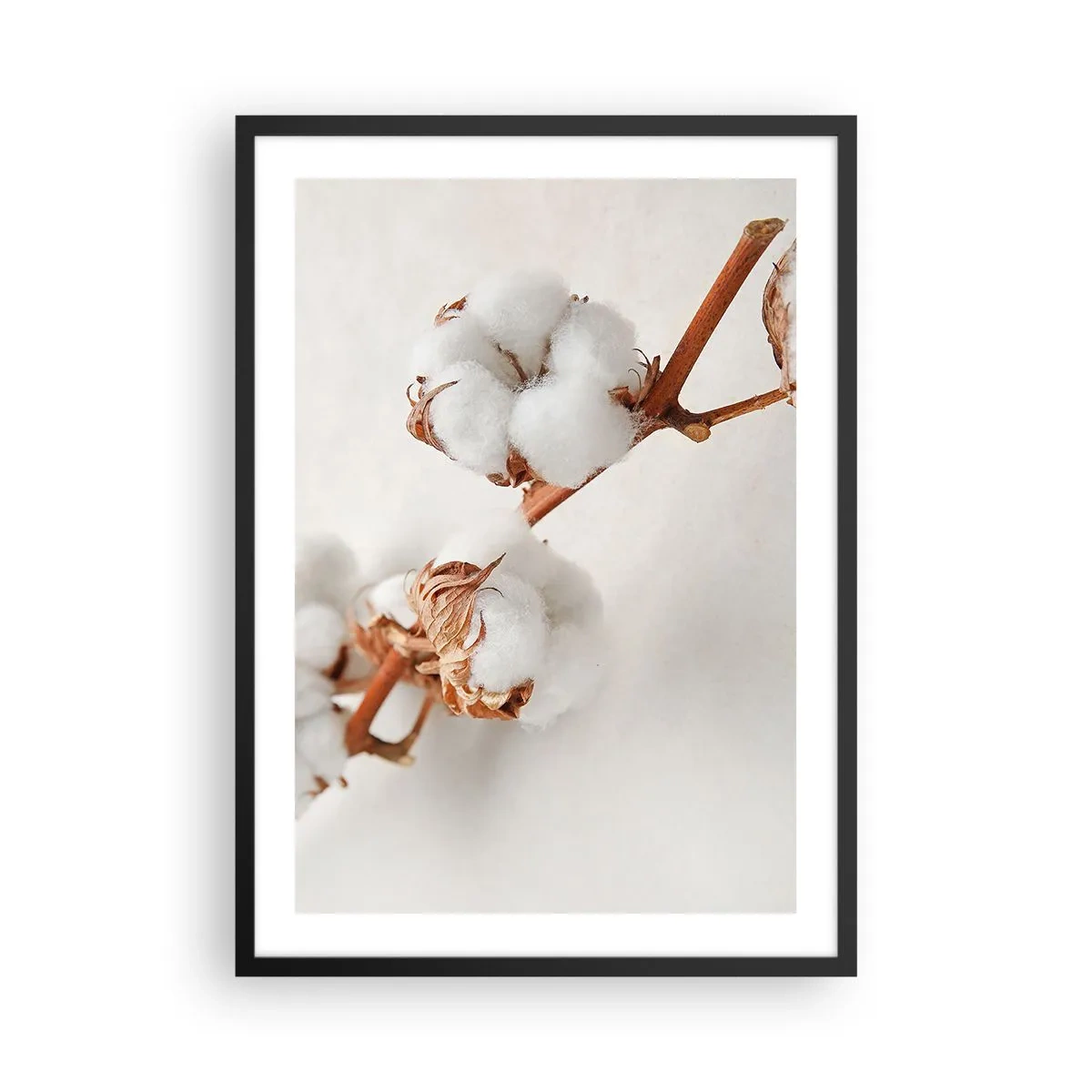 Poster in cornice nera - Delicati rametti di cotone su uno sfondo chiaro - 50x70cm - Semplicemente un abbraccio - Decorazione murale moderna per soggiorno e camera da letto ARTTOR