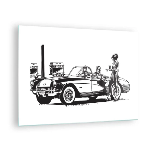 Quadro su vetro - Grafica creativa con un'auto classica e personaggi - 70x50cm - Anni '60: l'America spensierata - Decorazione murale moderna per soggiorno e camera da letto ARTTOR