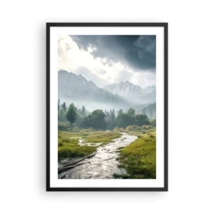 Poster in cornice nera - Una valle di montagna con un fiume e maestose montagne sullo sfondo - 50x70cm - Andata e ritorno - Decorazione murale moderna per soggiorno e camera da letto ARTTOR