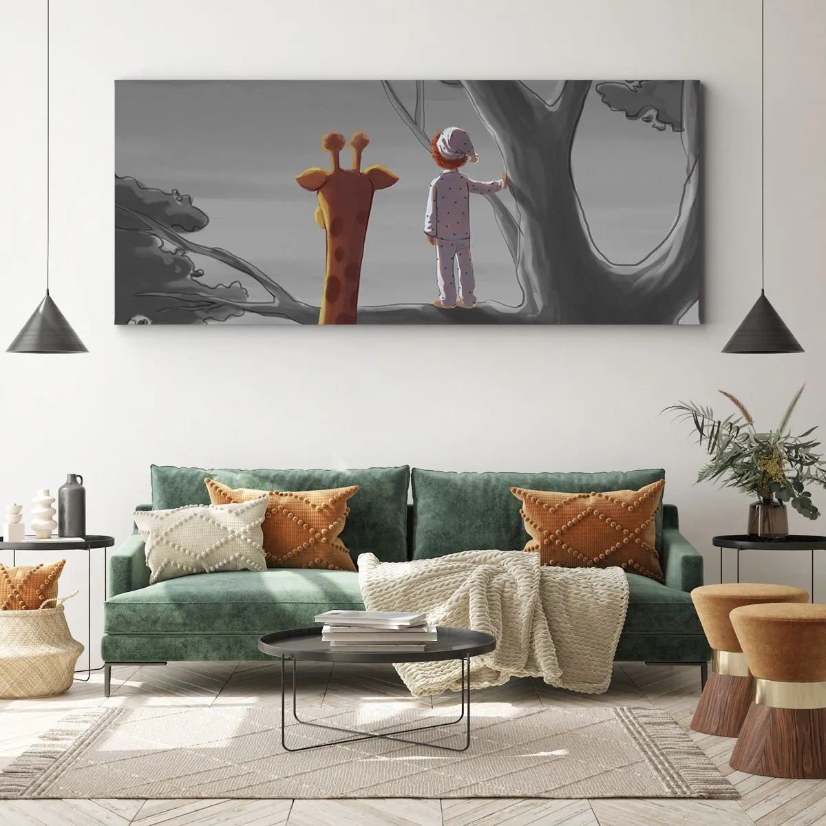Quadro su tela - Stampe su Tela - Un bambino e una giraffa su un ramo di un albero in un paesaggio da favola - 140x50cm - Sta succedendo davvero - Decorazione murale moderna per soggiorno e camera da letto ARTTOR