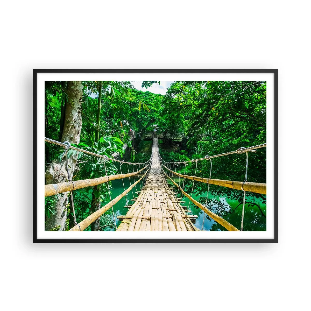 Poster in cornice nera - Un ponte sospeso di bambù immerso nel verde - 100x70cm - Ponte sospeso sopra il verde - Decorazione murale moderna per soggiorno e camera da letto ARTTOR