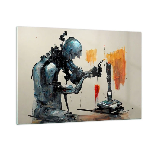 Quadro su vetro - Un robot che dipinge una mano meccanica su uno sfondo astratto. - 120x80cm - È già domani... - Decorazione murale moderna per soggiorno e camera da letto ARTTOR