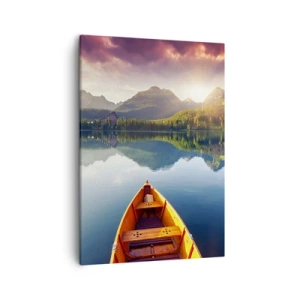 Quadro su tela - Stampe su Tela - Tre barche di legno sullo sfondo di un lago di montagna al tramonto - 50x70cm - Niente contro natura - Decorazione murale moderna per soggiorno e camera da letto ARTTOR