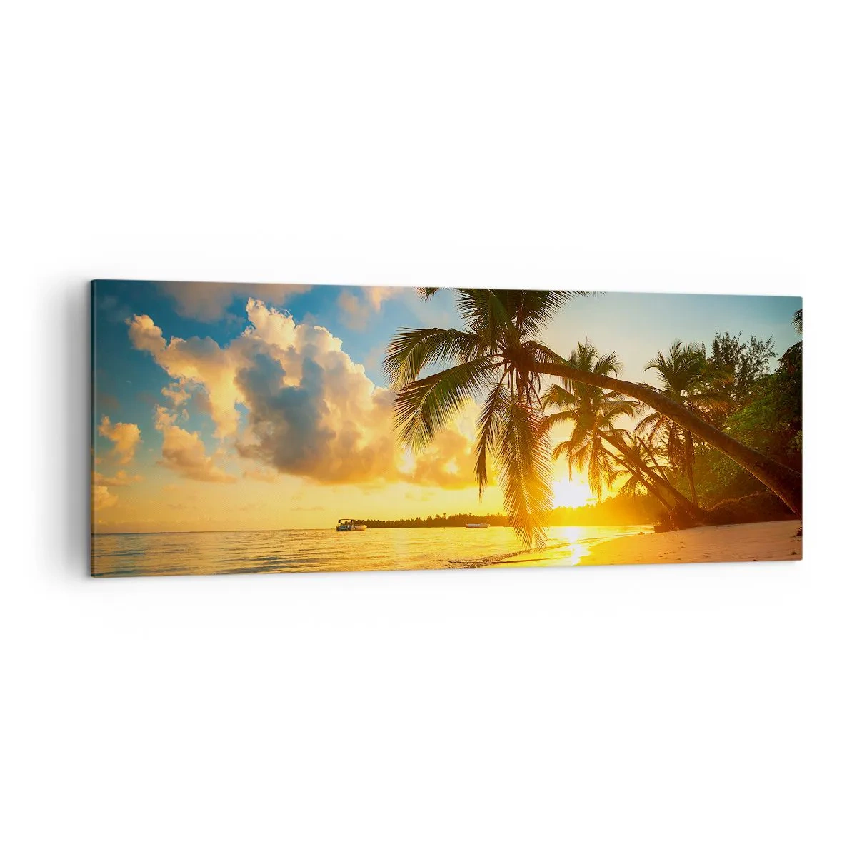Quadro su tela - Stampe su Tela - Spiaggia al tramonto con palme in riva al mare - 140x50cm - Sogno dei Caraibi - Decorazione murale moderna per soggiorno e camera da letto ARTTOR