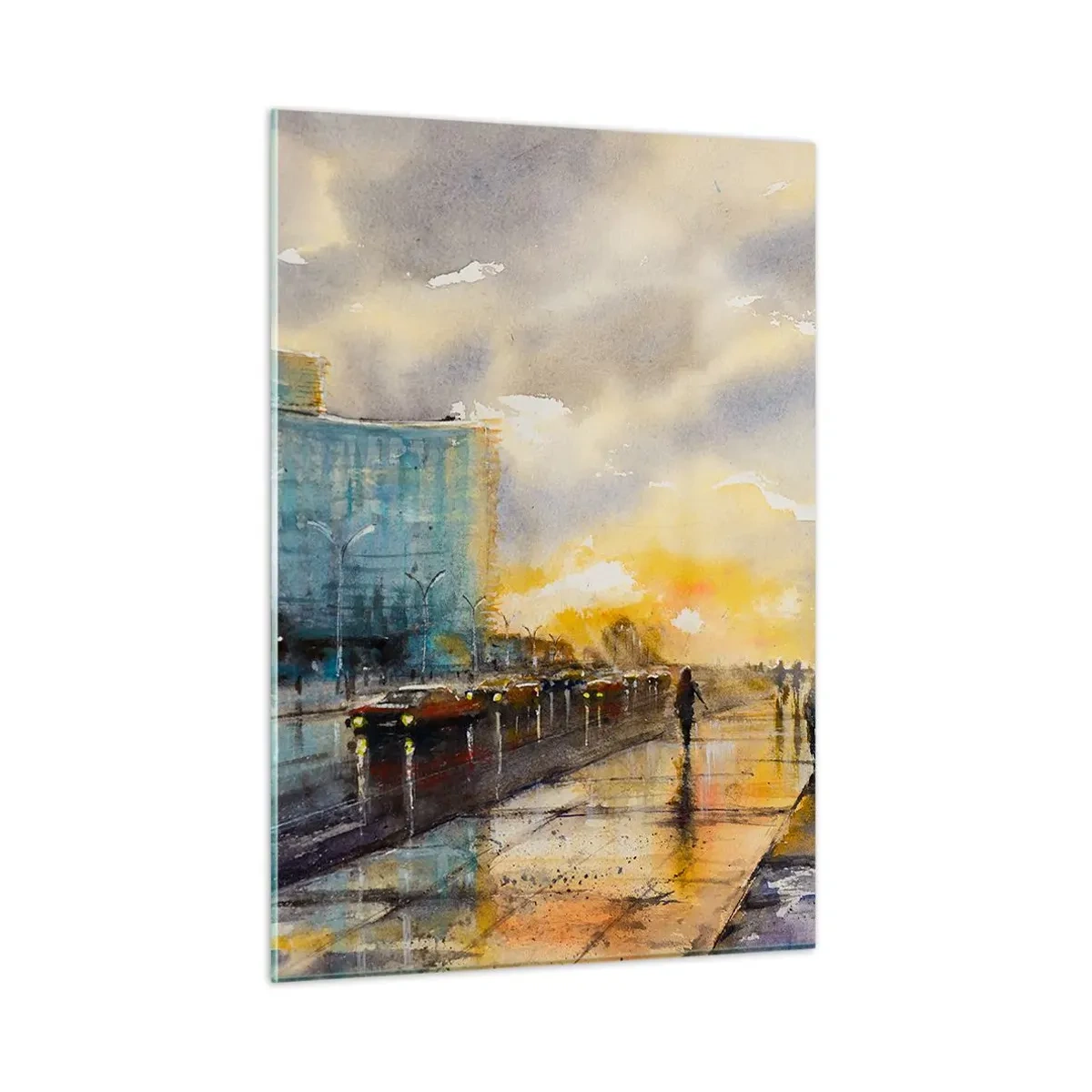 Quadro su vetro - Città di mare ad acquerello con tramonto - 50x70cm - Vita sulla costa - Decorazione murale moderna per soggiorno e camera da letto ARTTOR