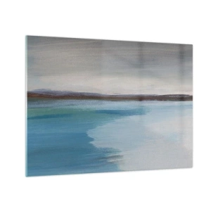 Quadro su vetro - Un paesaggio tranquillo con acqua e colline in lontananza nei toni pastello. - 70x50cm - Paesaggio orizzontale - Decorazione murale moderna per soggiorno e camera da letto ARTTOR