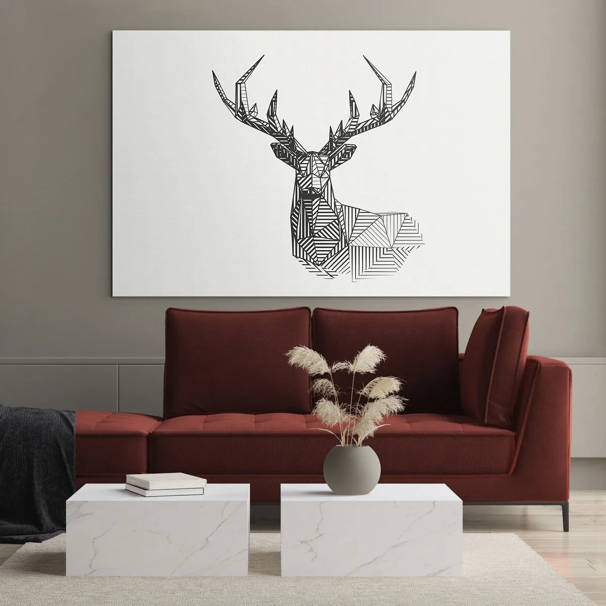Quadro su vetro - Cervo cubista realizzato con forme geometriche su sfondo bianco - 120x80cm - Cervo in stile cubista - Decorazione murale moderna per soggiorno e camera da letto ARTTOR