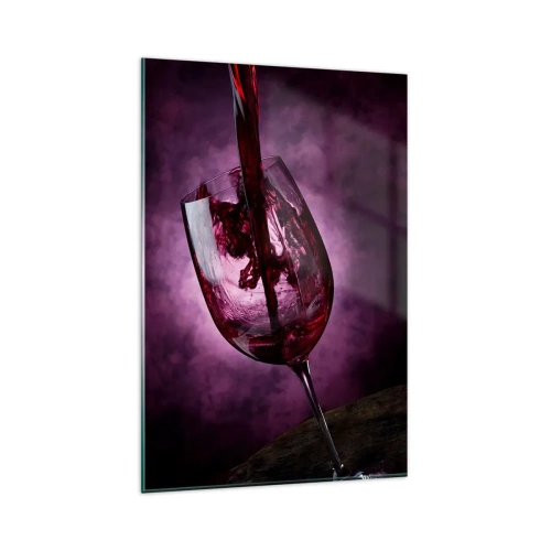 Quadro su vetro - Vino rosso versato in un bicchiere su uno sfondo di fumo viola - 80x120cm - Scarlatto? Carminio? No, rubino - Decorazione murale moderna per soggiorno e camera da letto ARTTOR