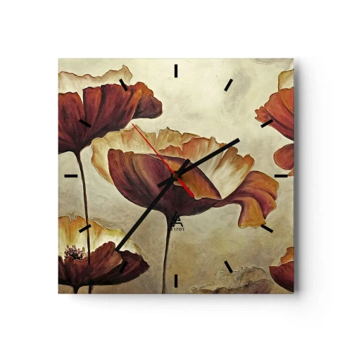 Orologio da parete - Orologio in Vetro - Fiori delicati nei toni del rosso e dell'oro su uno sfondo chiaro - 30x30cm - Nei prati e nei campi - Decorazione murale moderna per soggiorno e camera da letto ARTTOR