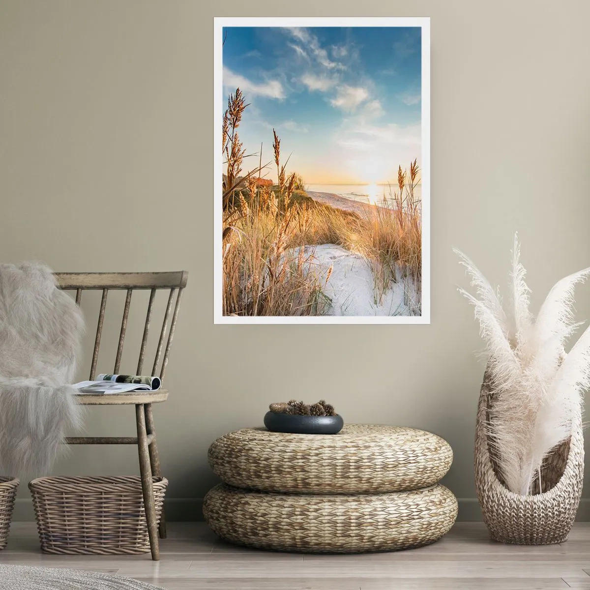 Poster - Paesaggio di spiaggia soleggiata con erba sulle dune - 50x70cm - Spiaggia del nord - Decorazione murale moderna per soggiorno e camera da letto ARTTOR