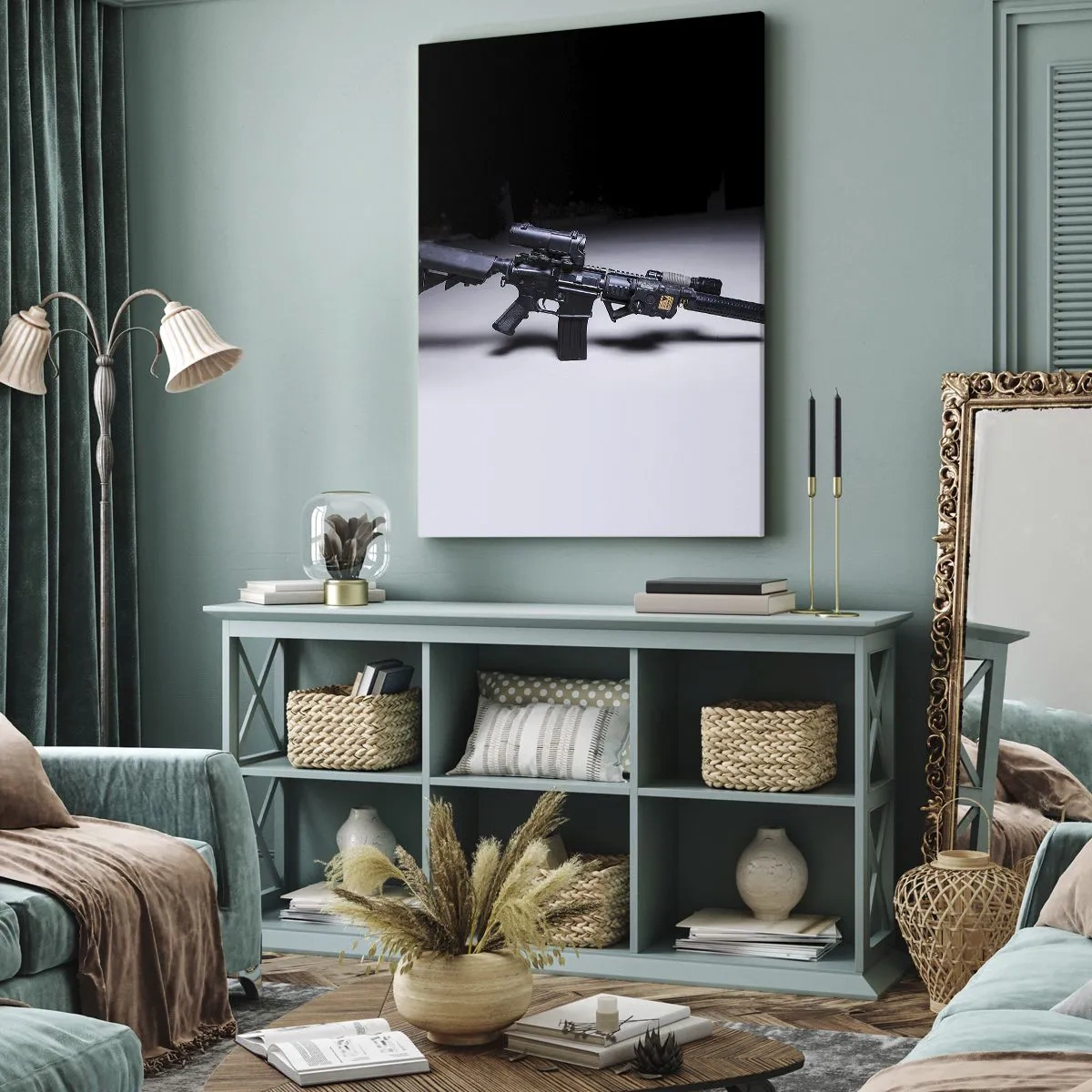 Quadro su tela - Stampe su Tela - Un fucile moderno in nero su sfondo scuro - 80x120cm - l cavaliere oscuro - Decorazione murale moderna per soggiorno e camera da letto ARTTOR