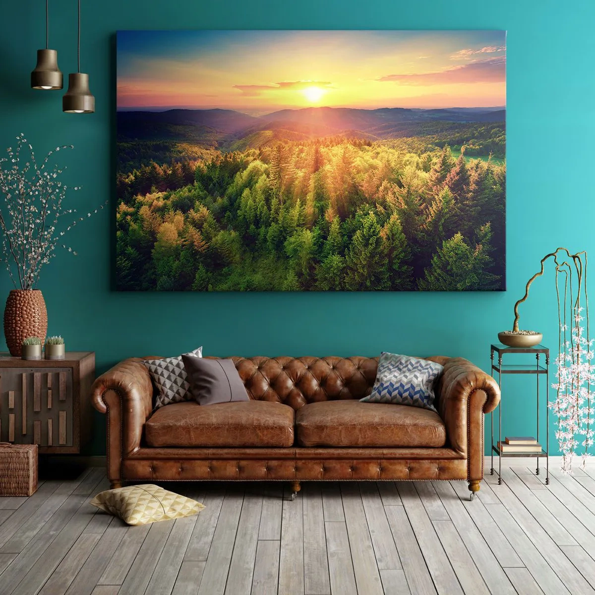 Quadro su tela - Stampe su Tela - Paesaggio forestale con tramonto sulle colline - 100x70cm - Vette e cime - Decorazione murale moderna per soggiorno e camera da letto ARTTOR