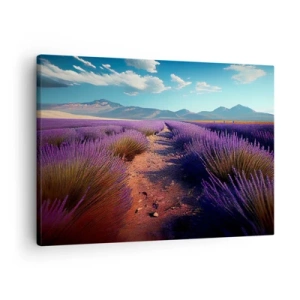 Quadro su tela - Stampe su Tela - Un campo di lavanda con vista sulle montagne e sul cielo azzurro - 70x50cm - Campi profumati - Decorazione murale moderna per soggiorno e camera da letto ARTTOR