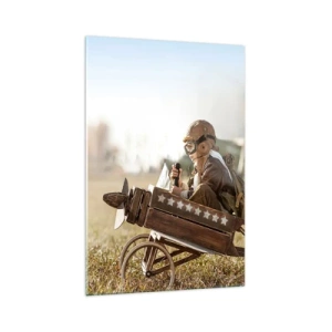 Quadro su vetro - Un bambino su un aeroplanino giocattolo con un campo sullo sfondo - 70x100cm - Decollo verso i sogni - Decorazione murale moderna per soggiorno e camera da letto ARTTOR