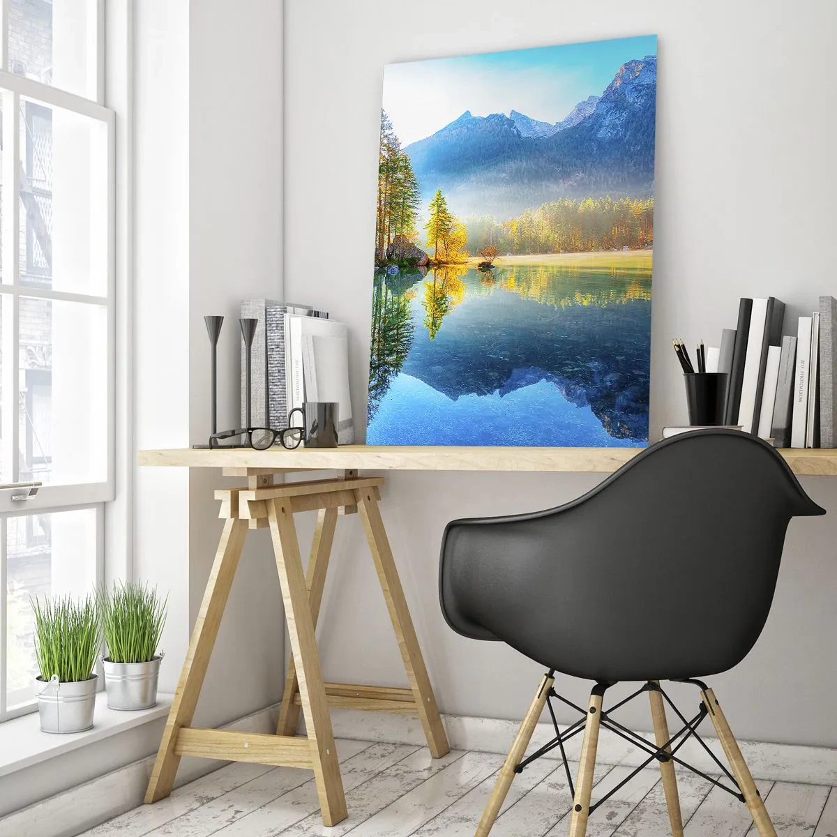 Quadro su vetro - Paesaggio montano con lago e sole mattutino - 50x70cm - Maestà e dolcezza - Decorazione murale moderna per soggiorno e camera da letto ARTTOR