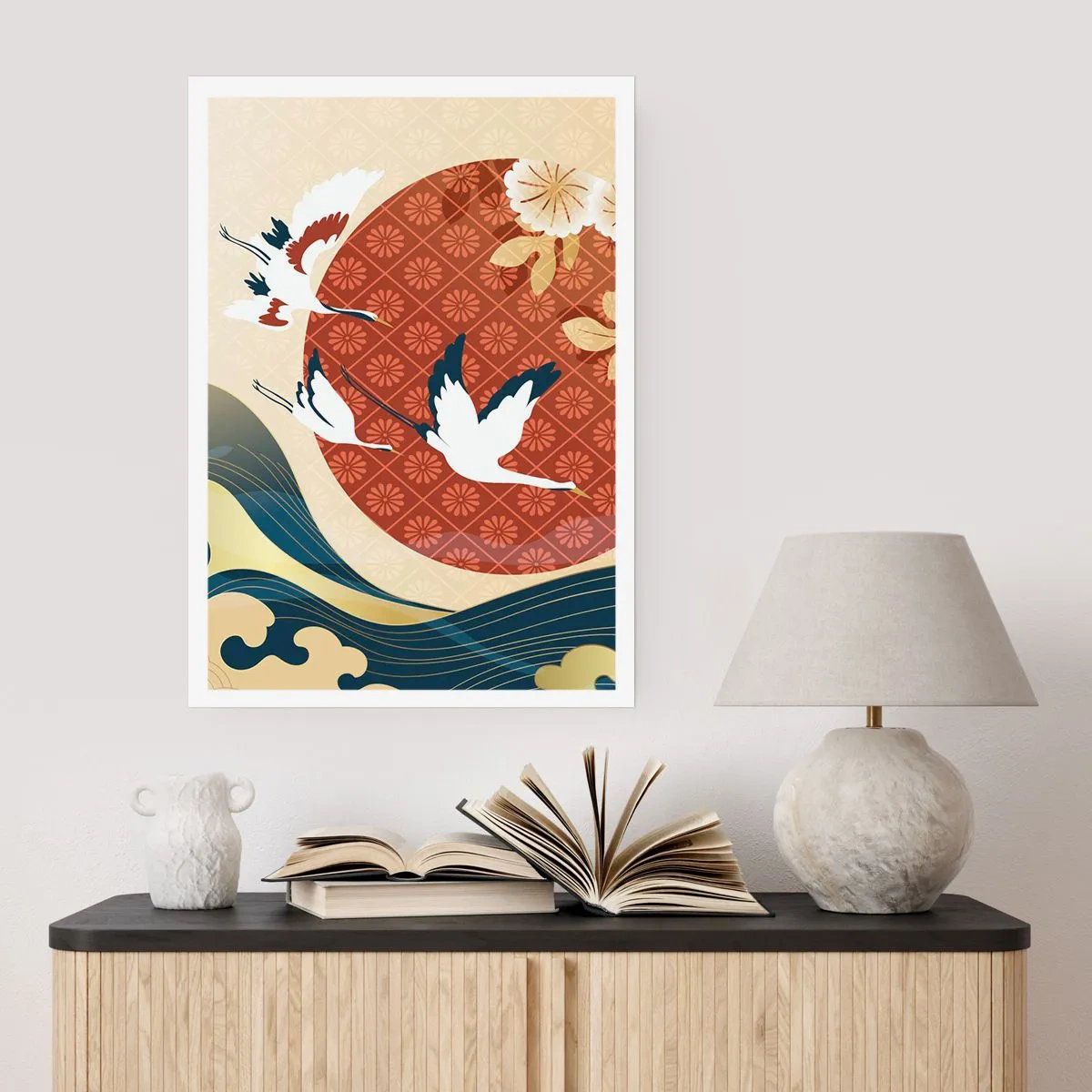 Poster - Composizione giapponese con gru, onde e un cerchio rosso - 50x70cm - Favola giapponese - Decorazione murale moderna per soggiorno e camera da letto ARTTOR