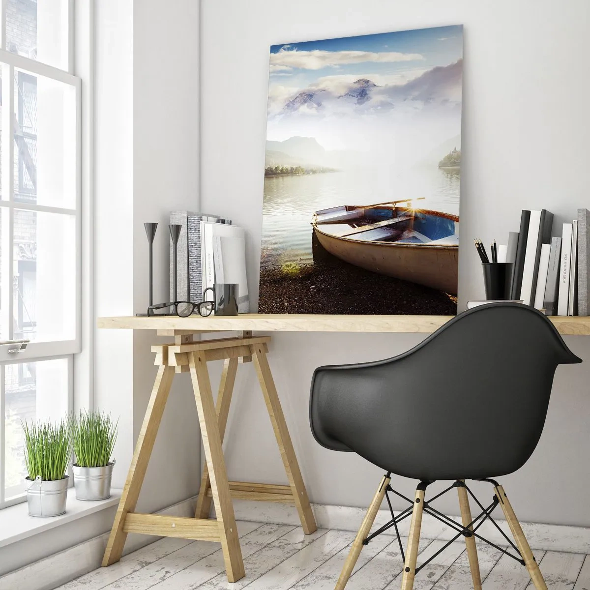 Quadro su vetro - Una barca su un lago circondato da montagne all'alba - 50x70cm - Sull'acqua grande e pura - Decorazione murale moderna per soggiorno e camera da letto ARTTOR