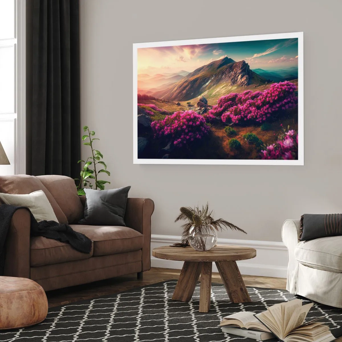 Poster - Paesaggio montano con rododendri in fiore - 100x70cm - L'estate sui monti - Decorazione murale moderna per soggiorno e camera da letto ARTTOR