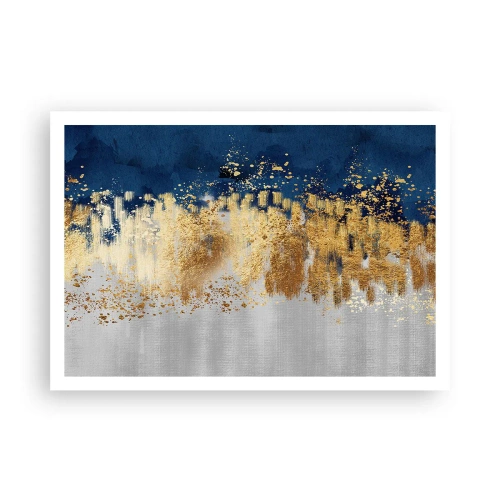 Poster - Una composizione astratta nei toni dell'oro e del blu navy. - 100x70cm - Composizione moderna con bagliore - Decorazione murale moderna per soggiorno e camera da letto ARTTOR