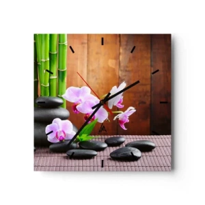 Orologio da parete - Orologio in Vetro - Bambù in stile zen, pietre e orchidee rosa su uno sfondo di legno - 30x30cm - Scopri i piaceri dell'oriente - Decorazione murale moderna per soggiorno e camera da letto ARTTOR