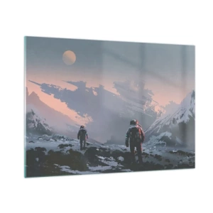 Quadro su vetro - Astronauti su un pianeta alieno con un relitto sullo sfondo - 100x70cm - Sotto una stella sconosciuta - Decorazione murale moderna per soggiorno e camera da letto ARTTOR