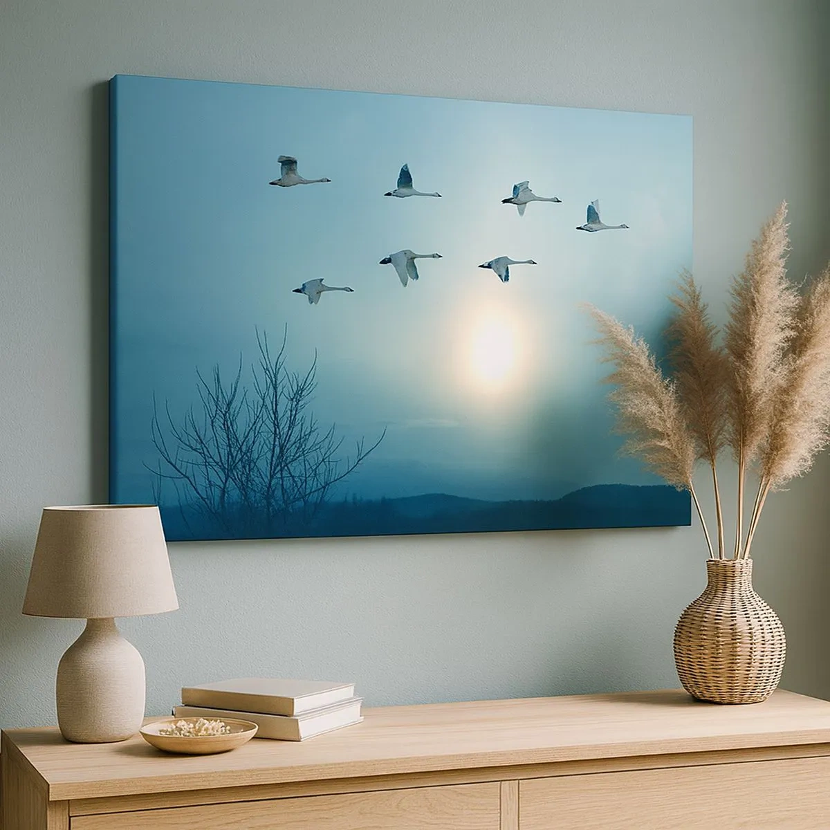 Quadro su tela - Stampe su Tela - Cigni in volo al mattino - 70x50cm - Addio estate, quest'anno - Decorazione murale moderna per soggiorno e camera da letto ARTTOR