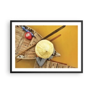 Poster in cornice nera - Una barca tradizionale vista da una prospettiva a volo d'uccello - 70x50cm - Vita sul Fiume Giallo - Decorazione murale moderna per soggiorno e camera da letto ARTTOR