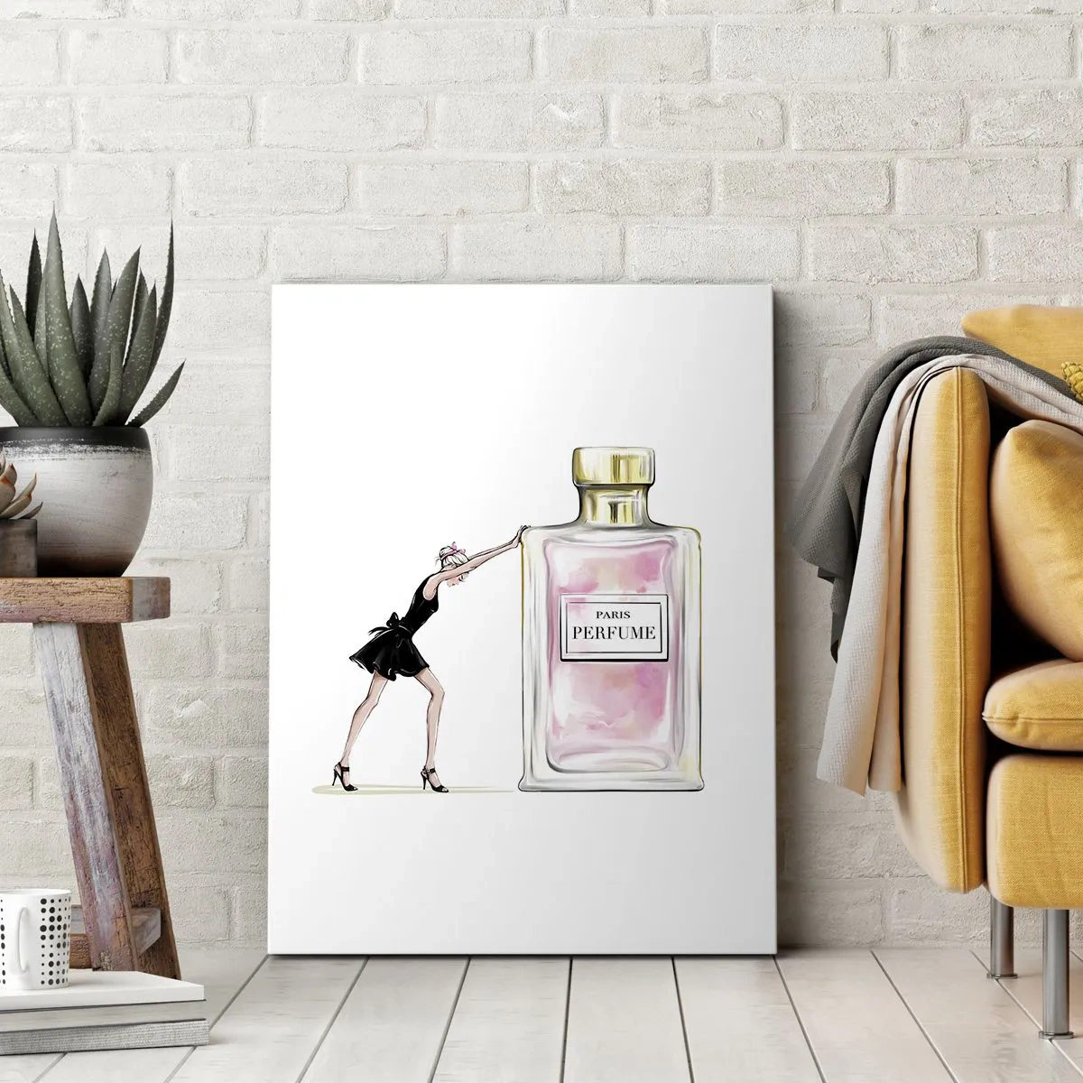 Quadro su tela - Stampe su Tela - Una donna in abito nero accanto a una bottiglia di profumo - 50x70cm - L'essenza della femminilità - Decorazione murale moderna per soggiorno e camera da letto ARTTOR