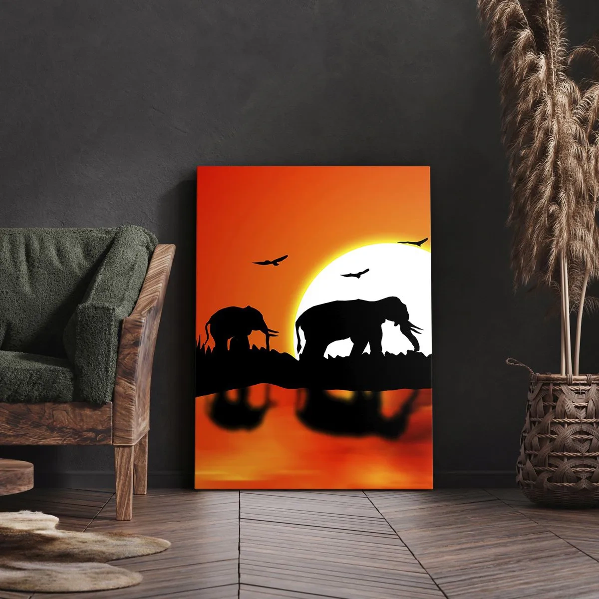 Quadro su tela - Stampe su Tela - Sagome di elefanti al tramonto sull'acqua con riflesso - 80x120cm - Un piccolo drink la sera - Decorazione murale moderna per soggiorno e camera da letto ARTTOR