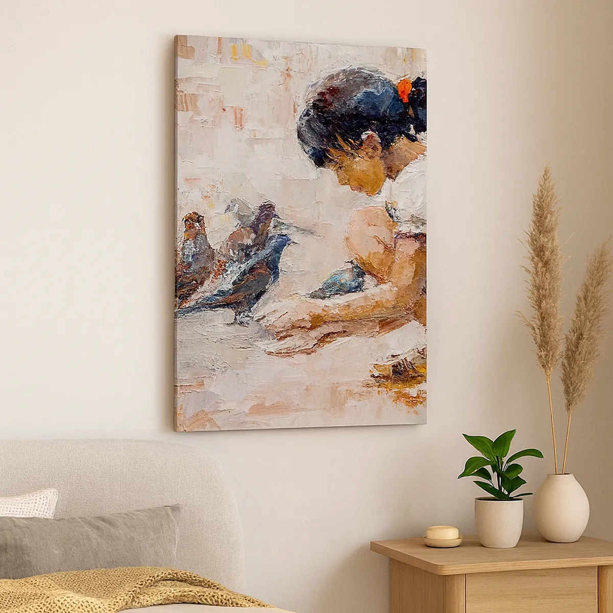 Quadro su tela - Stampe su Tela - Una ragazza che dà da mangiare agli uccelli in stile pittorico - 50x70cm - Piccoli e gentili - Decorazione murale moderna per soggiorno e camera da letto ARTTOR