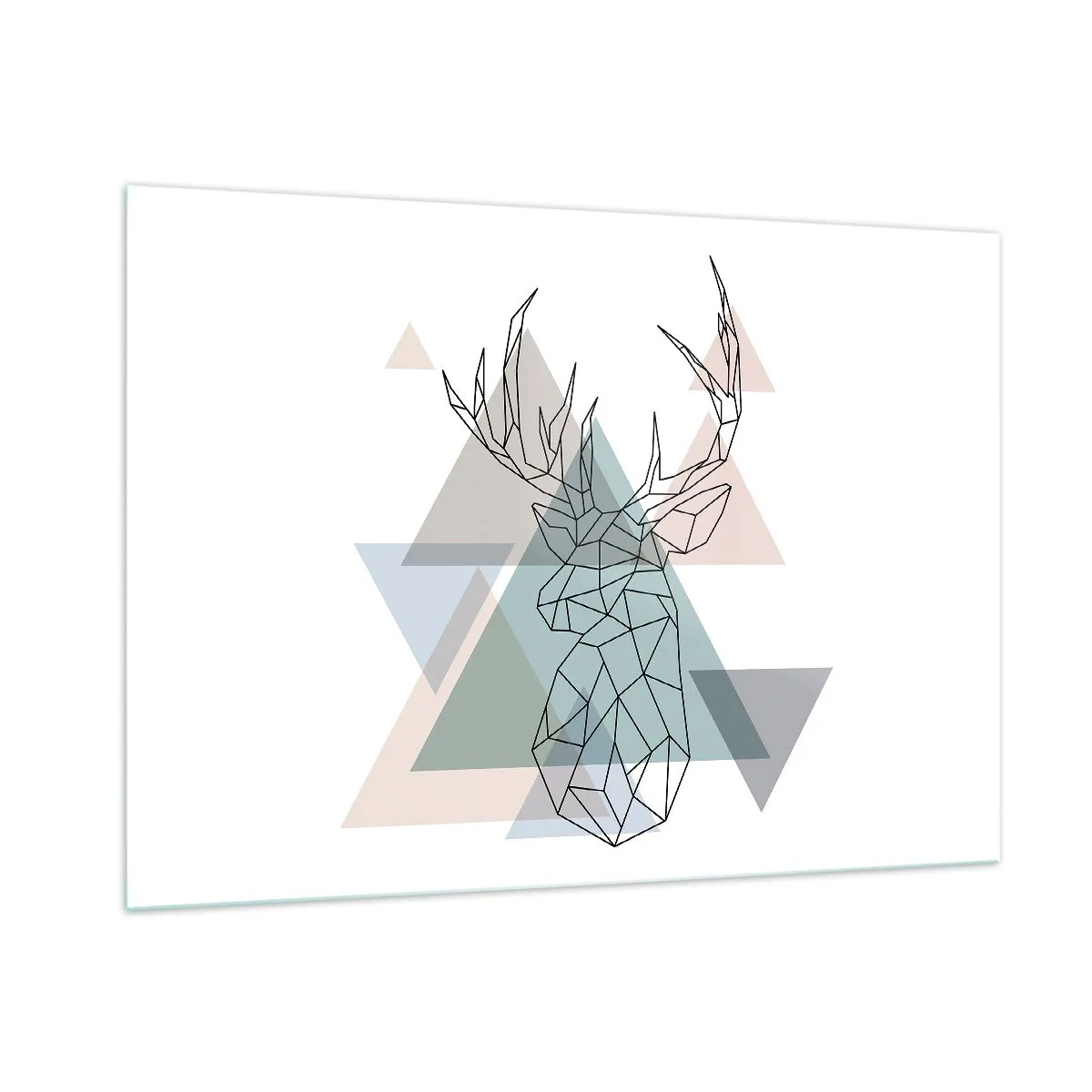 Quadro su vetro - Disegno geometrico di un cervo su uno sfondo di triangoli pastello - 100x70cm - Nel bosco geometrico - Decorazione murale moderna per soggiorno e camera da letto ARTTOR