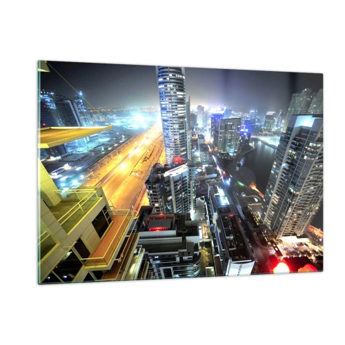 Quadro su vetro - Panorama della città notturna con grattacieli illuminati - 120x80cm - Miracolo nel deserto - Decorazione murale moderna per soggiorno e camera da letto ARTTOR