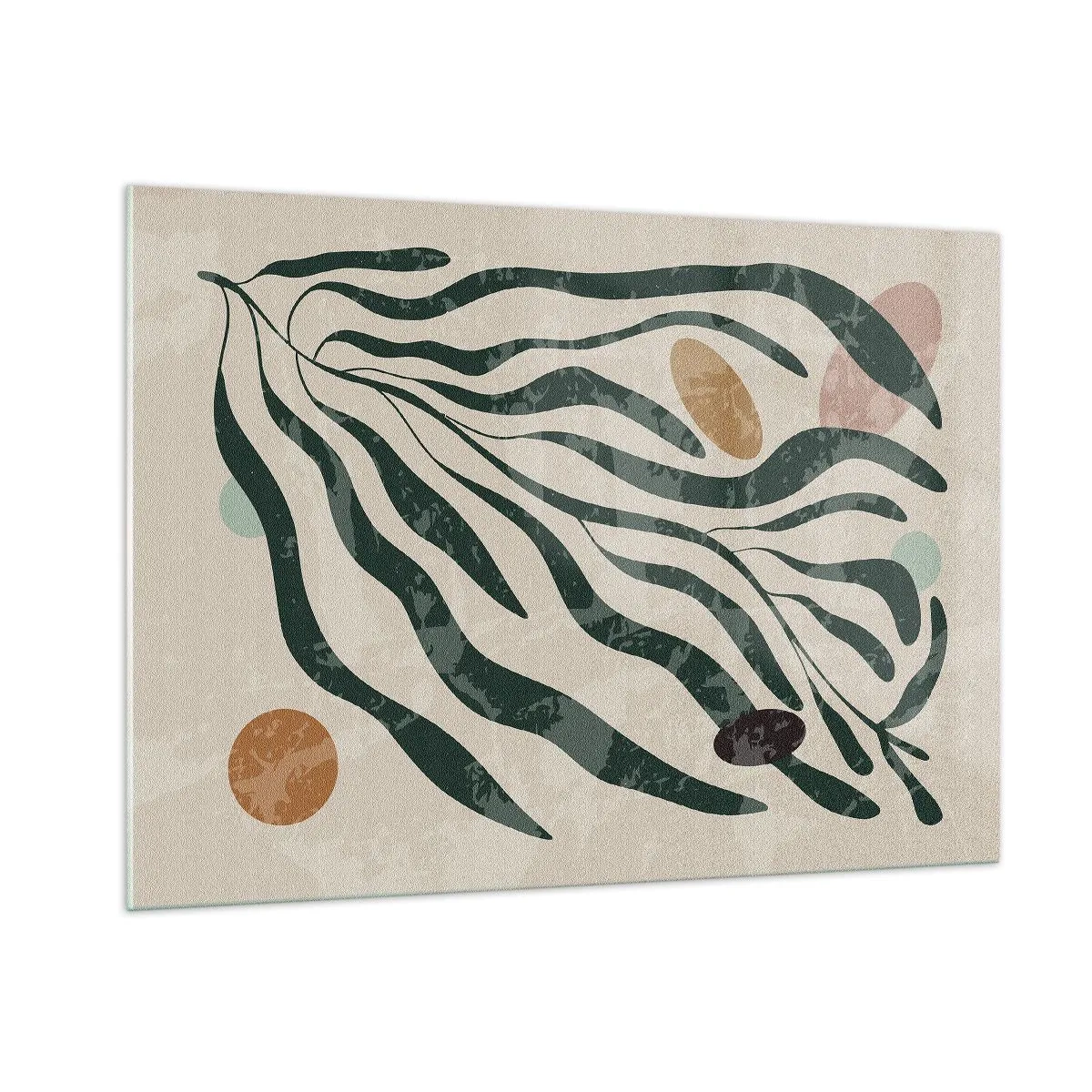 Quadro su vetro - Forme organiche in verde su sfondo beige - 100x70cm - Tra il verde - Decorazione murale moderna per soggiorno e camera da letto ARTTOR