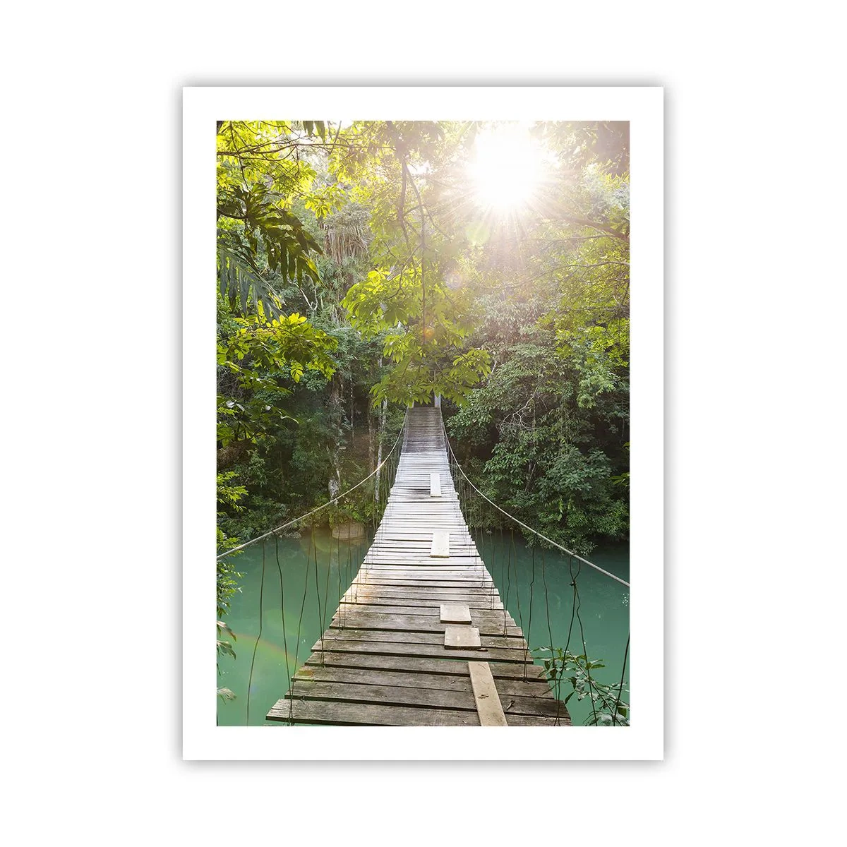 Poster - Ponte di legno in una foresta tropicale con raggi di sole - 50x70cm - Sull'acqua azzurra verso il bosco azzurro - Decorazione murale moderna per soggiorno e camera da letto ARTTOR