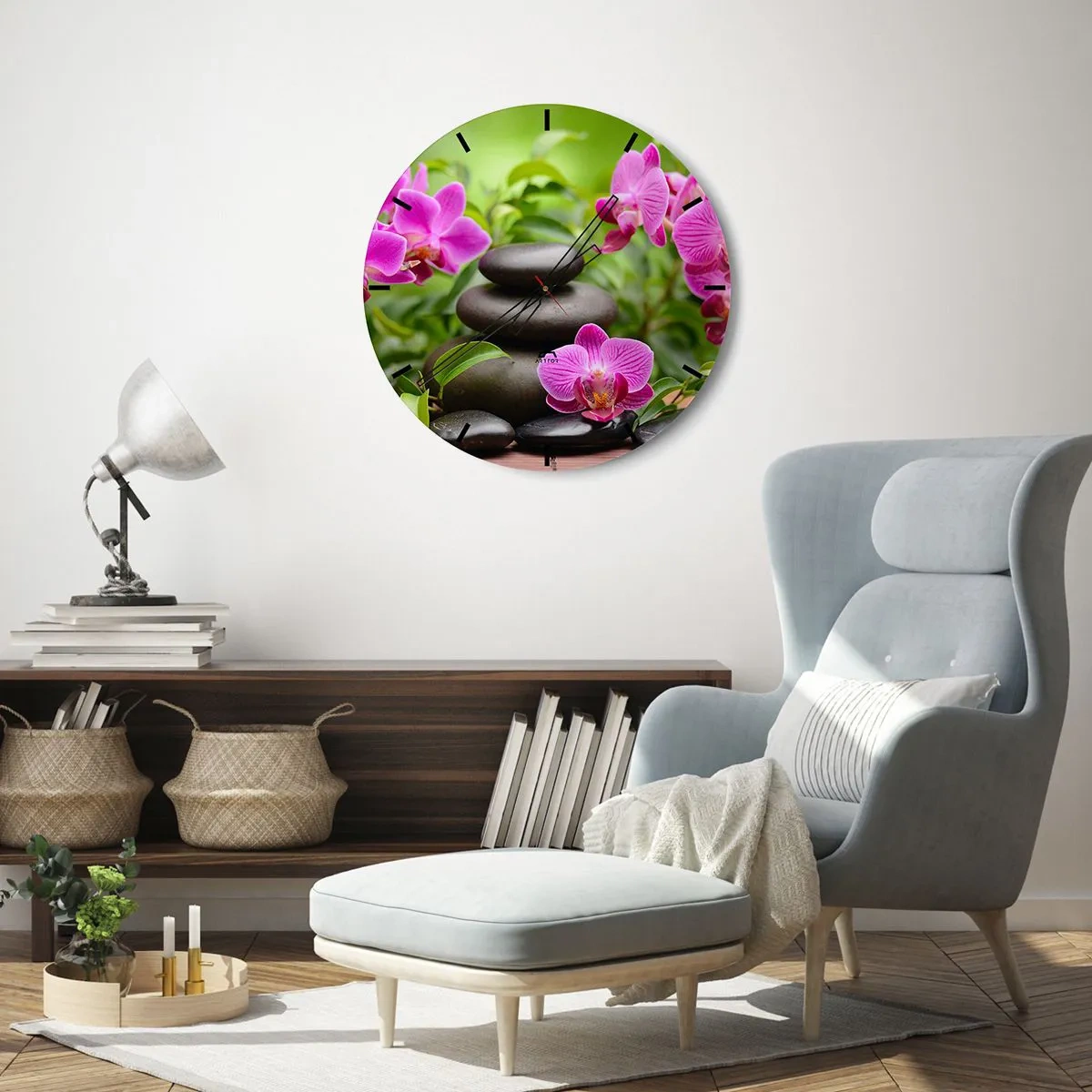 Orologio da parete - Orologio in Vetro - Pietre nere e orchidee rosa su sfondo verde - 30x30cm - Piramide di pace - Decorazione murale moderna per soggiorno, cucina e camera da letto ARTTOR
