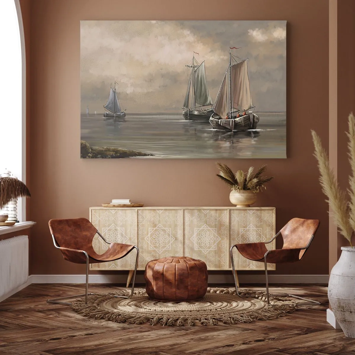 Quadro su tela - Stampe su Tela - Barche a vela su un mare calmo in un ambiente pastello - 70x50cm - Il ritorno dei marinai - Decorazione murale moderna per soggiorno e camera da letto ARTTOR