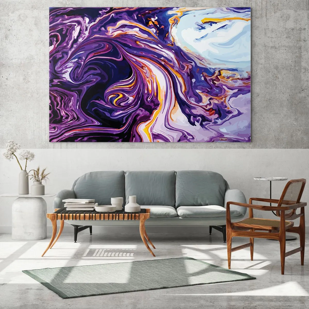 Quadro su vetro - Motivo astratto nei toni del viola e del bianco con linee dinamiche - 120x80cm - Curvatura dello spazio in viola - Decorazione murale moderna per soggiorno e camera da letto ARTTOR