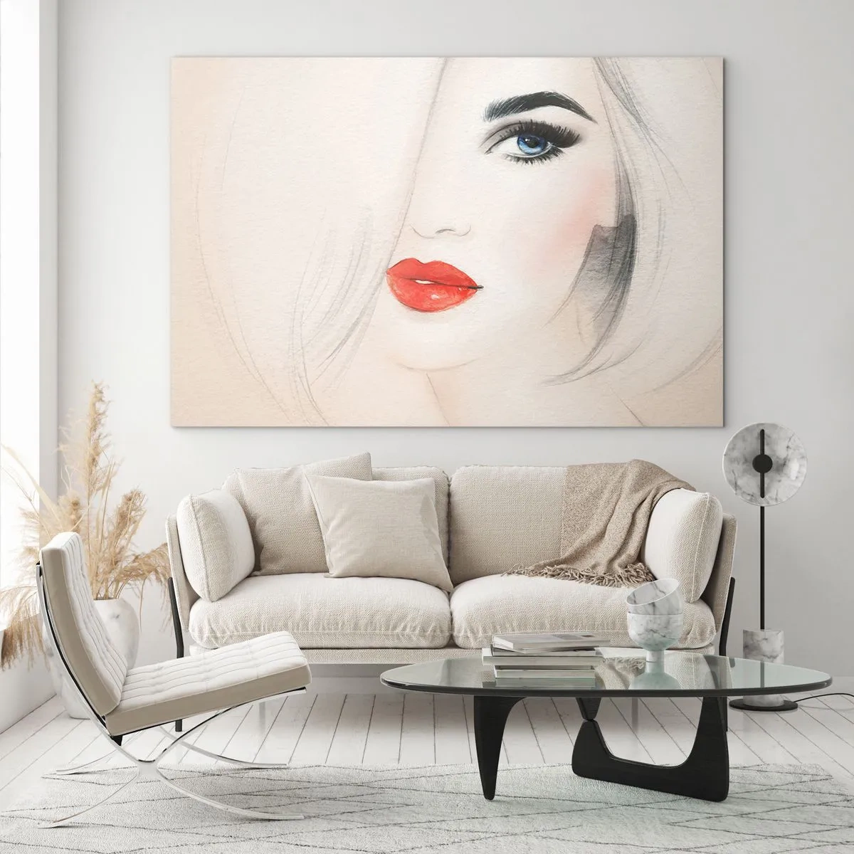 Quadro su vetro - Ritratto di una donna con capelli chiari, labbra rosse e occhi azzurri - 120x80cm - Ipnotizza e inebria - Decorazione murale moderna per soggiorno e camera da letto ARTTOR