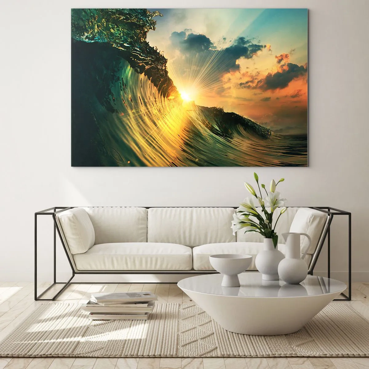 Quadro su vetro - Il sole al tramonto illumina le onde dell'oceano - 70x50cm - Surfista, dove sei? - Decorazione murale moderna per soggiorno e camera da letto ARTTOR