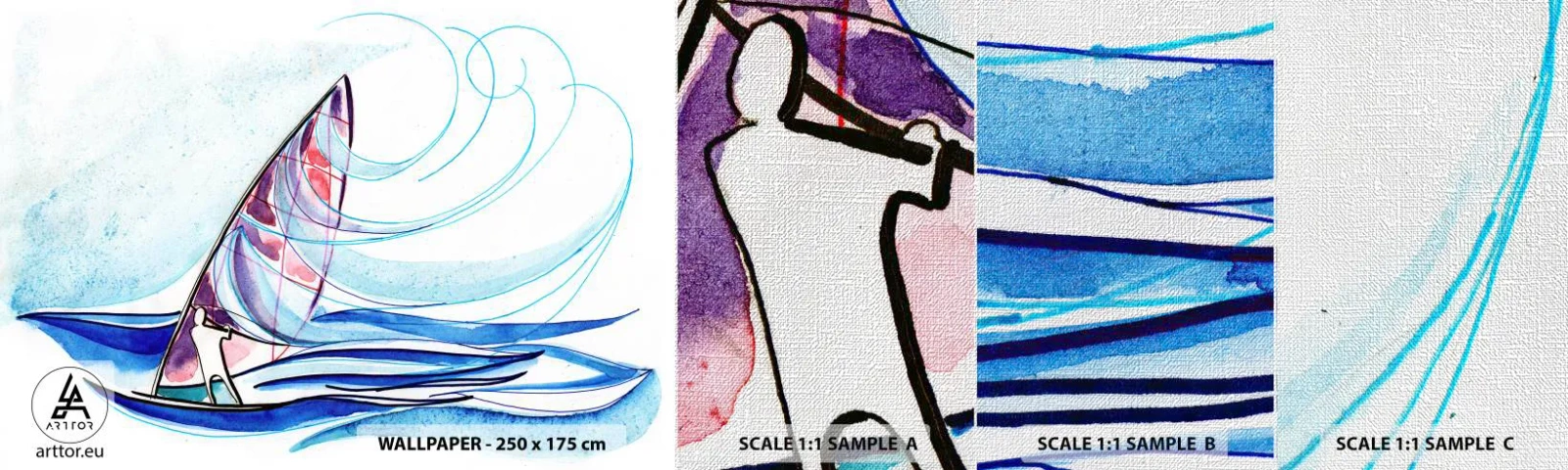 Campione di Fotomurale Premium Canvas - Con il vento al ritmo delle onde - Windsurf, Sport, Mare - 100x30 cm