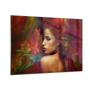 Quadro su vetro - Ritratto di una donna in un ambiente colorato e astratto - 100x70cm - Più bella dell'arcobaleno, delicata come la nebbia - Decorazione murale moderna per soggiorno e camera da letto ARTTOR