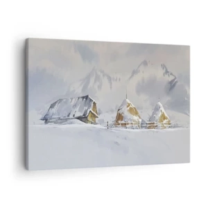 Quadro su tela - Stampe su Tela - Paesaggio invernale con una casetta e pagliai in montagna - 70x50cm - Nella valle innevata - Decorazione murale moderna per soggiorno e camera da letto ARTTOR