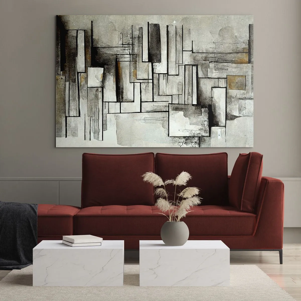 Quadro su vetro - Composizione geometrica di rettangoli in tenui toni grigi - 100x70cm - La forza della semplicità - Decorazione murale moderna per soggiorno e camera da letto ARTTOR