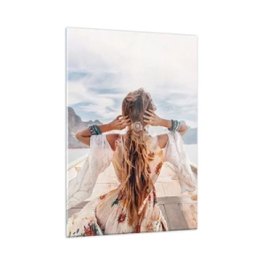 Quadro su vetro - Una donna su una barca guarda verso le montagne e il lago. - 50x70cm - In cammino verso la felicità - Decorazione murale moderna per soggiorno e camera da letto ARTTOR