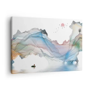 Quadro su tela - Stampe su Tela - Un paesaggio delicato con montagne, acqua e una barca - 70x50cm - Verso i monti di cristallo - Decorazione murale moderna per soggiorno e camera da letto ARTTOR