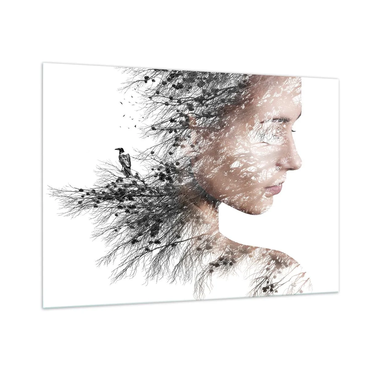 Quadro su vetro - Ritratto di donna con rami sullo sfondo - 100x70cm - Lo spirito della foresta - Decorazione murale moderna per soggiorno e camera da letto ARTTOR